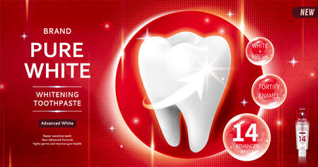 Pure white toothpaste ads with giant clean tooth over red halftone background in 3d illustrationのイラスト素材