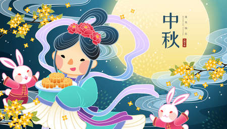 Chang'e sharing delicious mooncakes with jade rabbit, Mid-Autumn Festival and date written in Chinese words on full moonのイラスト素材