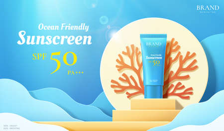 3d illustration of beauty product ad template, sunscreen mock-up on podium with coral and ocean wave background, ocean friendly conceptのイラスト素材