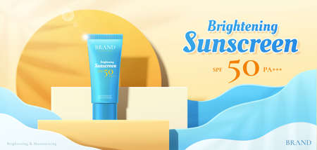 Beauty product ad template, sunscreen mock-up on square podium with ocean wave paper art background,...