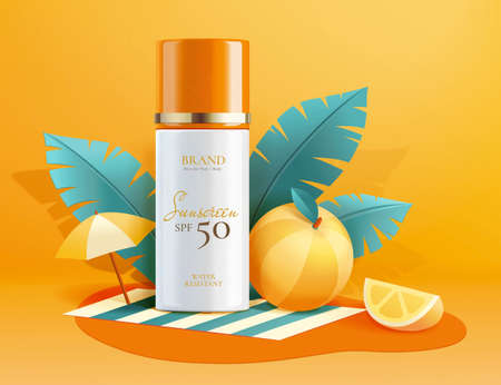 3d illustration sunscreen product on beach mat with paper art style tropical leaves, parasol and...