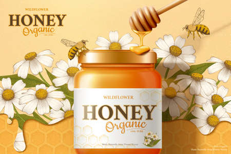 Wild flower honey ad template, realistic golden jar mock-up set on engraving chamomile background, 3d illustrationのイラスト素材