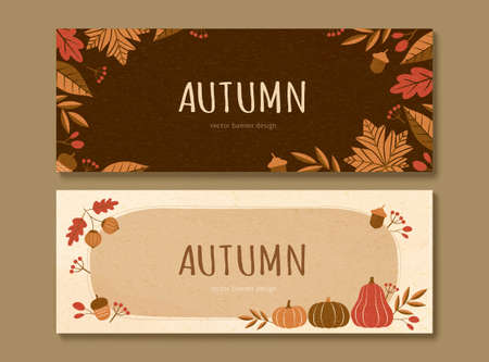 Autumn plants and pumpkins banner set in brown and beige toneのイラスト素材