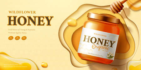 Wildflower honey ads with syrup and dipper on beige background in 3d illustration, flat layのイラスト素材