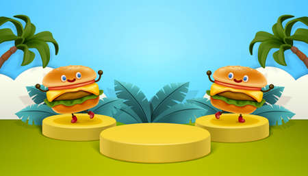 Burger ad poster in 3d illustration with two burgers on podium against tropical backgroundのイラスト素材