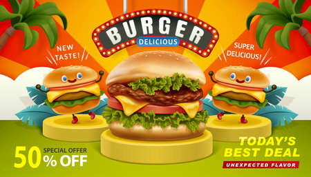 Delicious burger ad banner in 3d illustration with three burgers on podium against colorful tropical backgroundのイラスト素材