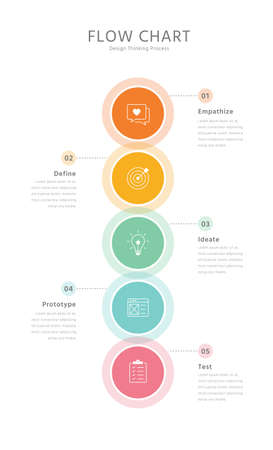 Five connected round elements placed in vertical row. Diagram representing five stages of business process flow chart.のイラスト素材