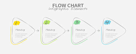 Hand-drawn flow chart elements with four colored parts horizontally arrangedのイラスト素材