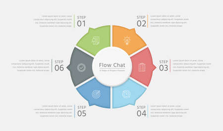 Circle chart infographic with 6 project process steps in colorful template for business managementのイラスト素材