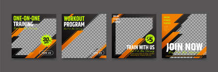 Modern social media template design with black, orange background color, and neon green text, suitable for fitness, workout program brand building or promotionのイラスト素材