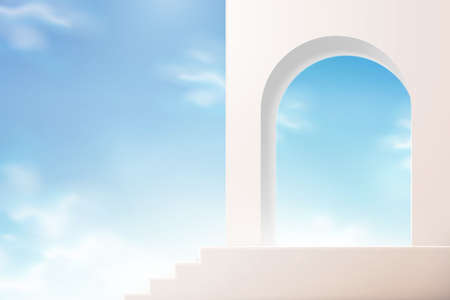 Stairs with arch wall against sky background. Empty podium for product display in 3d illustration.のイラスト素材