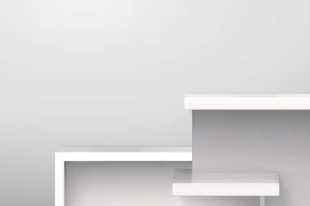 Empty white podium in 3d render. Shelves for product showcase on white background.のイラスト素材