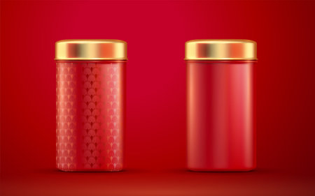 3d illustration red round tins with gold lids set isolated on red backgroundのイラスト素材