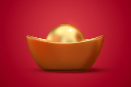 Cute Chinese giant gold ingot isolated on red background in 3d illustrationのイラスト素材