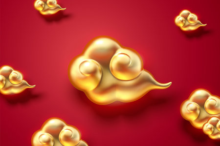 Cute Chinese auspicious clouds on red background in 3d illustrationのイラスト素材