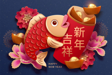 Lunar year paper art design with giant cute fish holding red envelope which is filled with 3d illustration gold ingots, Chinese translation: Auspicious new yearのイラスト素材