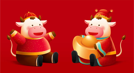 Sitting cartoon cow in Chinese style costume, one waving its hands and the other holding giant gold ingot over red backgroundのイラスト素材