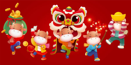 CNY cute cow characters playing together isolated on red bannerのイラスト素材