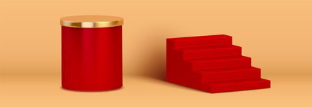 3d staircases and round pedestal isolated on yellow background. Suitable for red carpet theme or Chinese new year.のイラスト素材