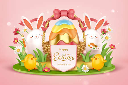 3d Easter egg hunt background. Cute rabbits with painting tools standing beside a huge Easter egg...
