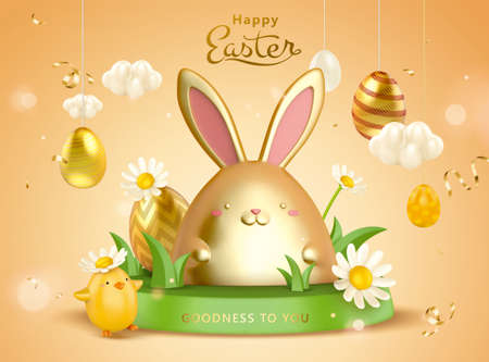 3d creative Easter egg background. Cute rabbit toys on grass podium with daisies and hanging egg ornaments.のイラスト素材