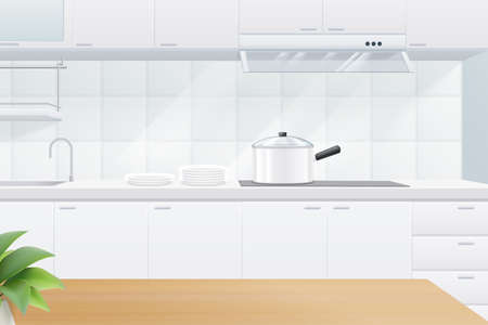 3d illustration of a wooden table in domestic kitchen background with cooking pot on stoveのイラスト素材
