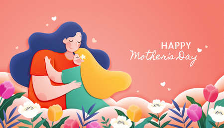 Mother hugs her child showing good motherhood, and the girl relies comfortably on her shoulder. Designed in flat style.のイラスト素材