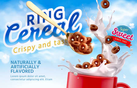 Realistic chocolate ring cereal falling into a cup from a spoon with a splash of milk on blue sky background. 3d illustration of crispy and tasty ring cereal advertisement bannerのイラスト素材