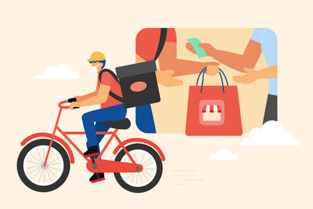 Flat style illustration, food delivery service by cycle during pandemic. Cash on delivery in closeup, customer paying for home delivery of food.のイラスト素材