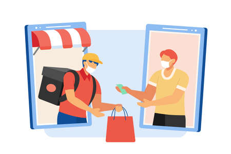 Flat style illustration, of delivery boy handing shopping bag to customer. Woman giving money for her order to courier man. Both wearing face masks and showing up from smart phone.のイラスト素材