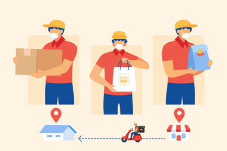 Flat style illustration, courier deliver packages safely during pandemic. Delivery man holding different packages with protective face mask on face. Safe food delivery from shop to home on a scooter.のイラスト素材