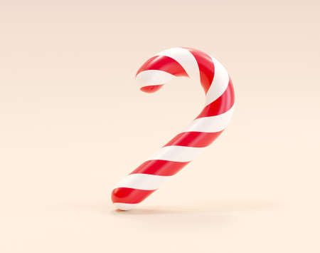 3d Christmas candy cane. Realistic illustration of walking stick dessert with red and white stripesの写真素材