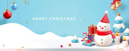 3d Merry Christmas banner in blue. Snowman standing on Christmas background with gift boxes, ornaments and Christmas trees on the snow surface backgroundのイラスト素材