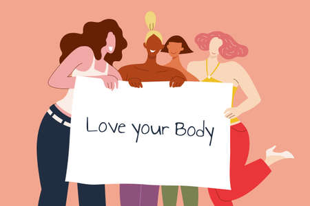 Women's body positivity. Flat style illustration of multi-ethnic women holding a banner of "love your body" on pink backgroundのイラスト素材