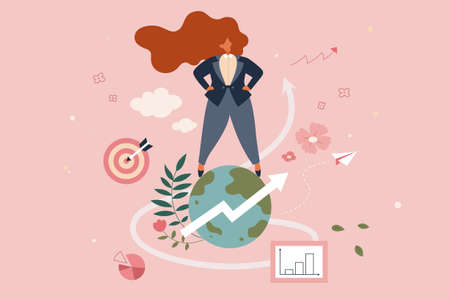 Confident businesswoman at work. Flat style illustration of a woman in formal suit standing on top of the globe symbolizing business growing worldwide successfully under her leadershipのイラスト素材