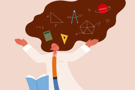 Female mathematician at work. Flat style illustration of mathematician with mathematics symbols on...