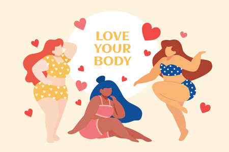 Flat illustration of self love of plus-sized women. Group of female wearing lingerie, bra and bikini with heart, the concept of body positivityのイラスト素材