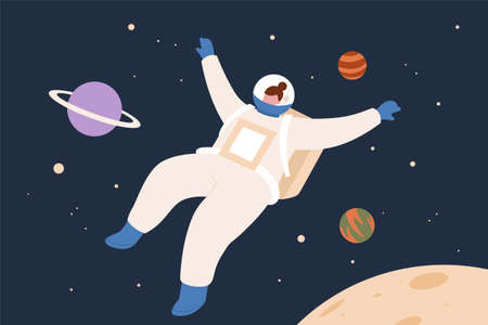 Female astronaut floating in space. Illustration of woman in spacesuit floating with planets in the starry planet. Concept of space trip or female at her workplaceのイラスト素材