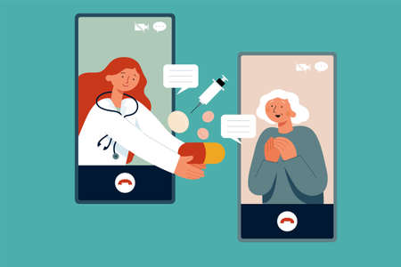 Flat illustration of doctor consulting a female elder via video call using smartphone. Concept of telemedicine delivering care at a distanceのイラスト素材