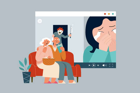 Flat illustration of senior couple watching a thriller movie online while at homeのイラスト素材