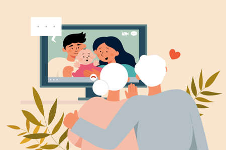 Flat illustration of a senior couple having video call with their family members on television at homeのイラスト素材
