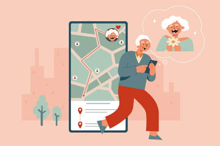 Flat illustration of senior man looking at a map on his smartphone to reach to the destination of his love in the cityのイラスト素材