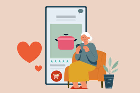 Flat illustration of senior woman sitting on armchair buying cookware online using mobile phoneのイラスト素材