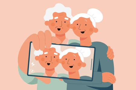Flat illustration of two white hair elders couple taking selfie on smartphoneのイラスト素材