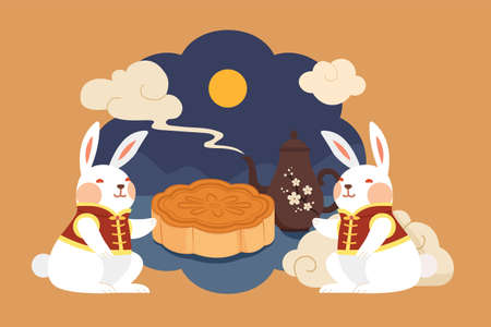Moon rabbit on mid autumn festival. Flat illustration of two jade rabbits in Chinese costumes having mooncake and tea at nightのイラスト素材