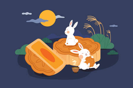 Mid autumn festival design. Flat illustration of two rabbits eating mooncakes and watching moon at nightのイラスト素材