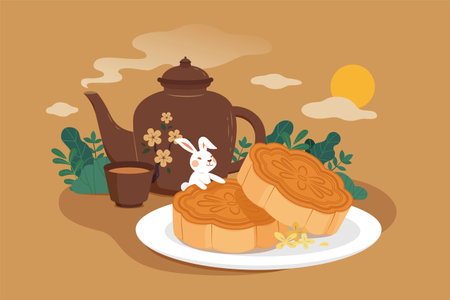 Mid autumn festival food and drink. Flat illustration of sweet mooncakes and unsweetened hot tea as festival celebrationのイラスト素材