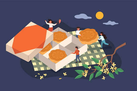 mid autumn festival banner. Flat illustration of family sharing a mooncake gift box on picnic plaid with osmanthus branch at nightのイラスト素材