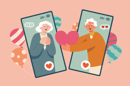 Flat style illustration of lovey-dovey elders couple celebrate a special day on an online video callのイラスト素材