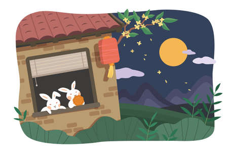 Mid autumn festival design. Flat illustration of rabbits watching moon at home and eating mooncake as holiday celebrationsのイラスト素材